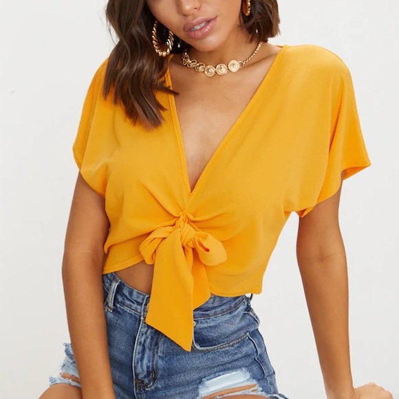 PLT Orange knot front short sleeve crop blouse - Picture 1 of 5